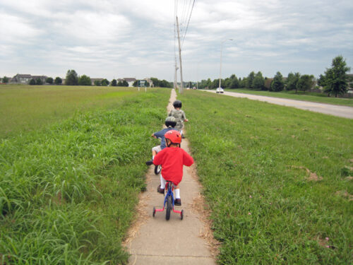 A line of boys riding bikes on a path through the grass.