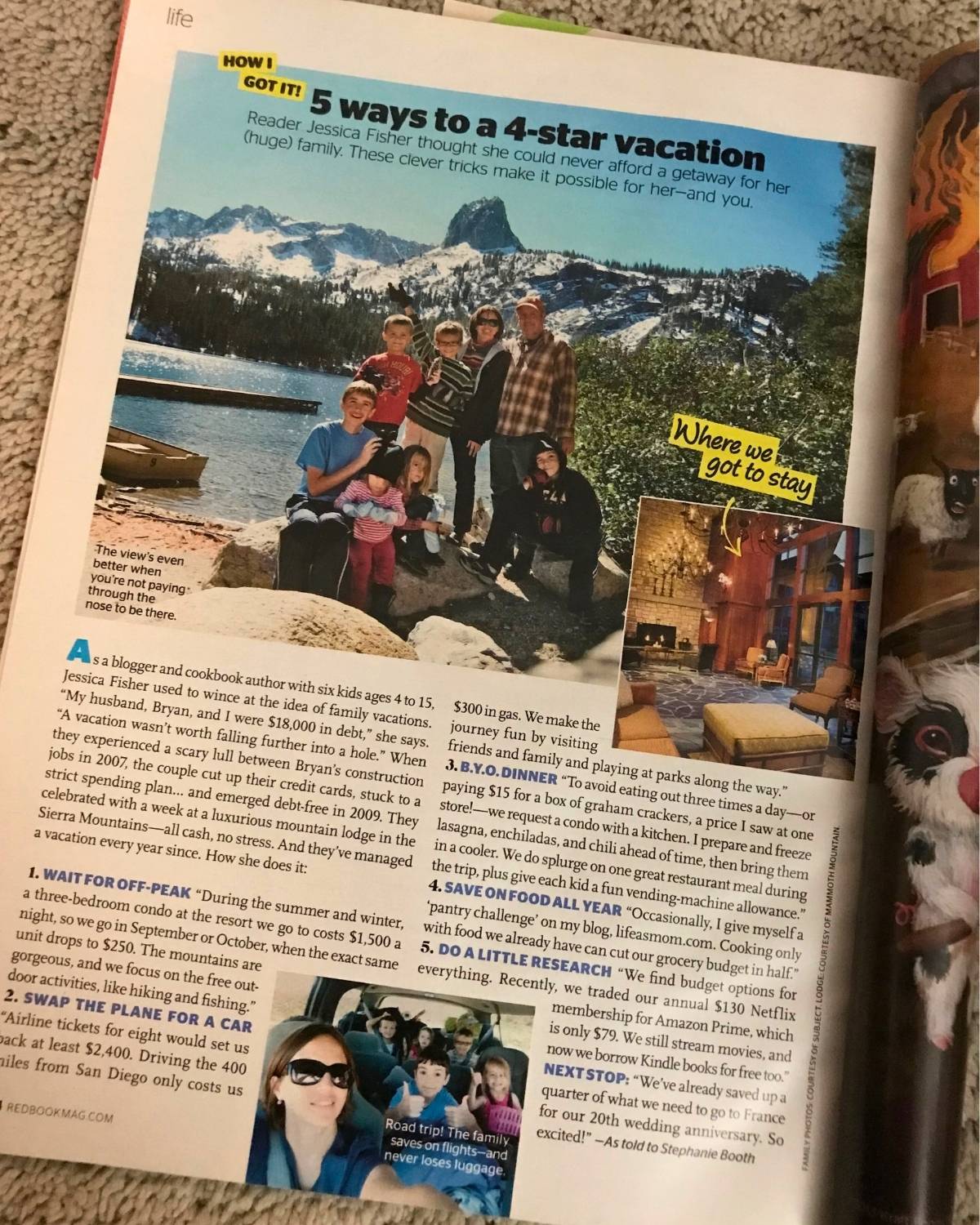 magazine opened to article of how jessica and bryan saved money for vacation while living within their means.