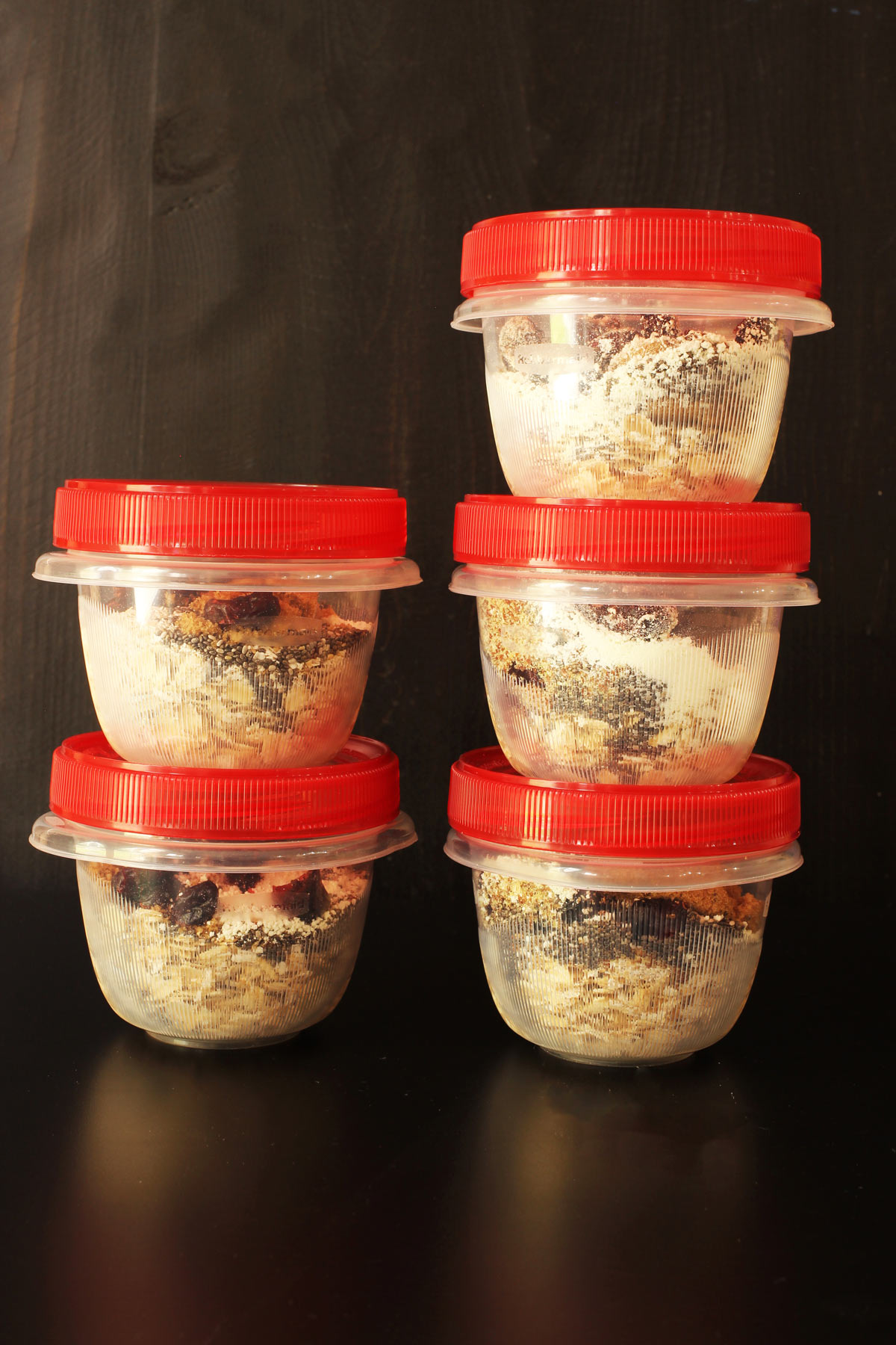 stacks of homemade instant oatmeal cups.