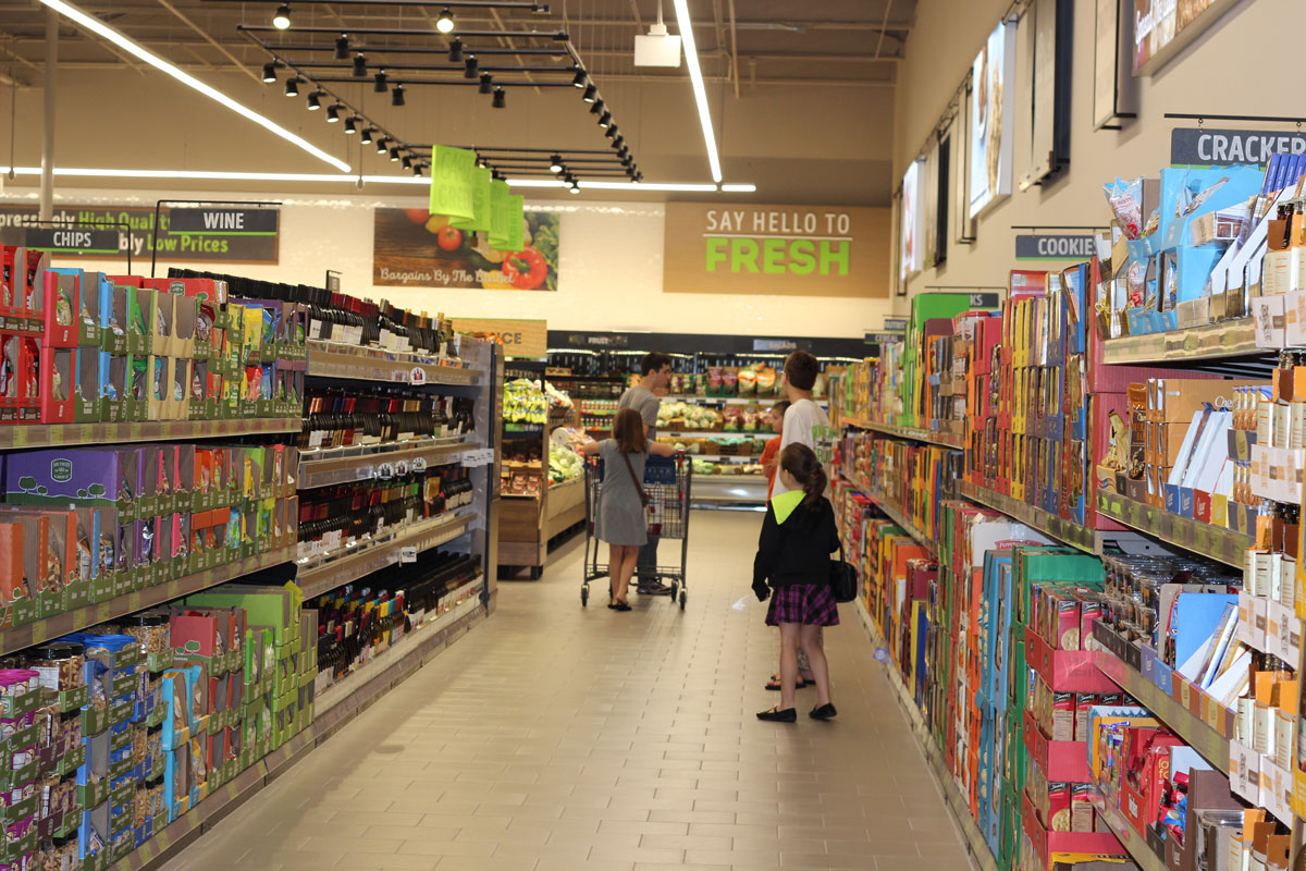 view from behind of girl pushing cart in aldi with brothers and sister nearby looking at items to buy.