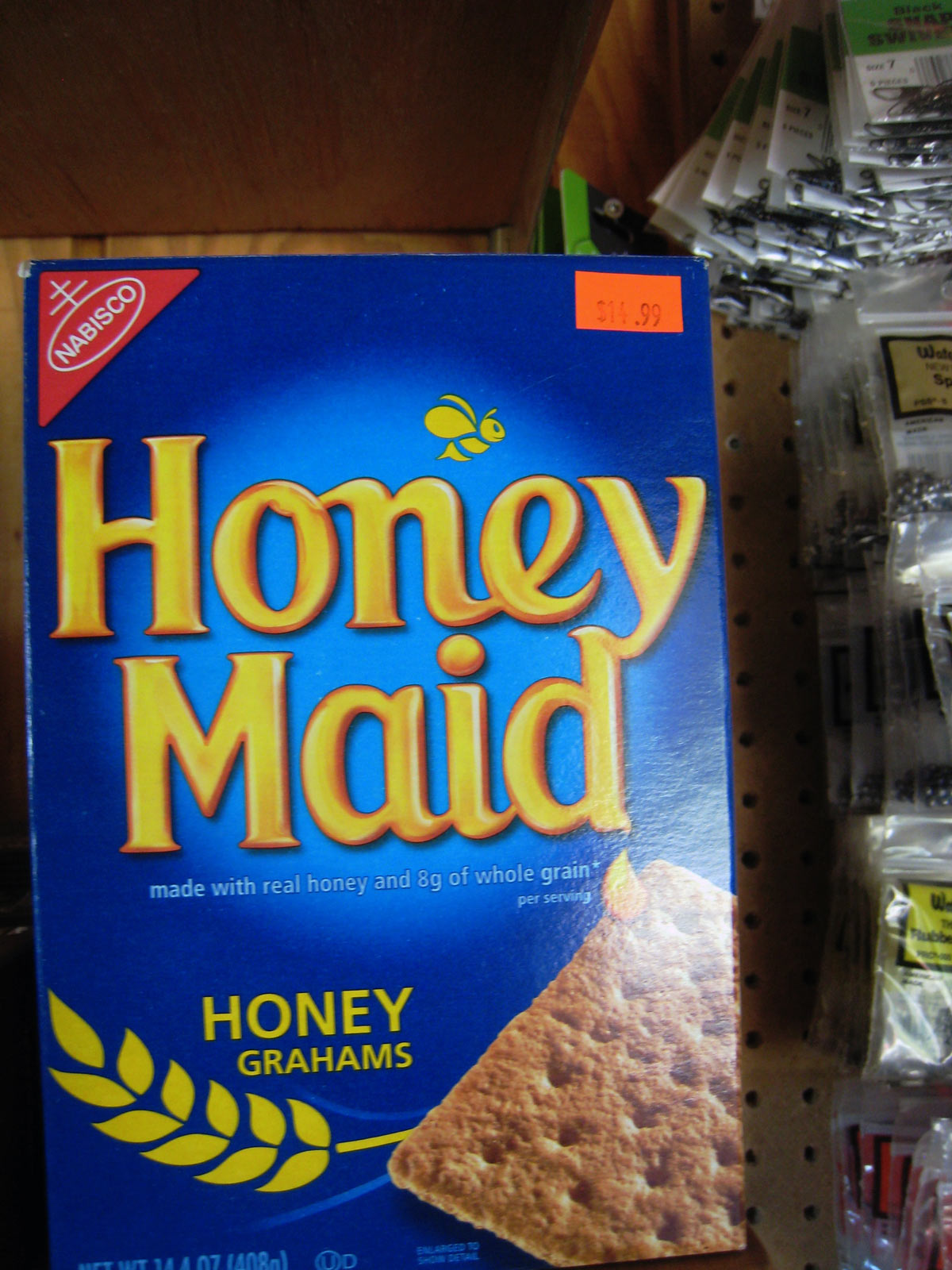 box of honey maid crackers with price tag of $14.99.