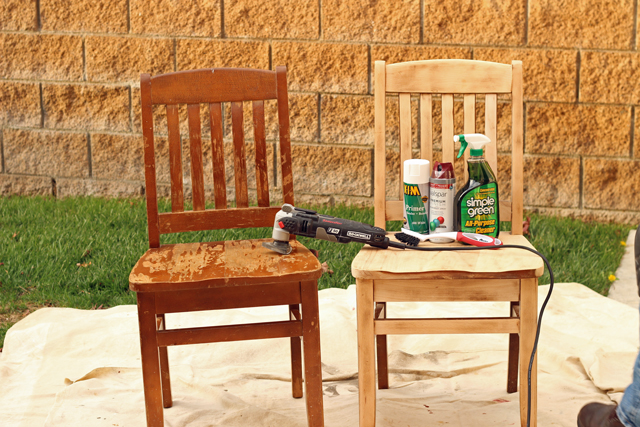 How We Are Refinishing Our Chairs and a Giveaway from Rockwell Tools - We've saved hundreds of dollars over the years by buying used furniture instead of new. Thanks to some easy tricks we can refinish used stuff and make it new again, like this simple method to refinish a chair.