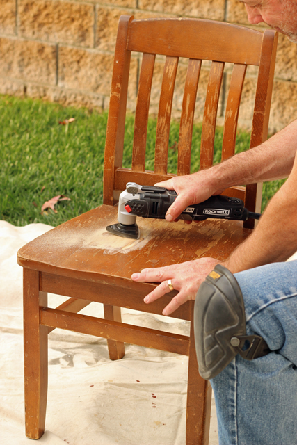 How We Are Refinishing Our Chairs and a Giveaway from Rockwell Tools - We've saved hundreds of dollars over the years by buying used furniture instead of new. Thanks to some easy tricks we can refinish used stuff and make it new again, like this simple method to refinish a chair.