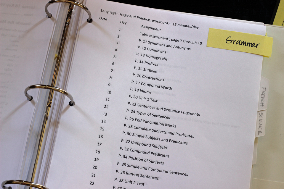 school assignment sheet in binder