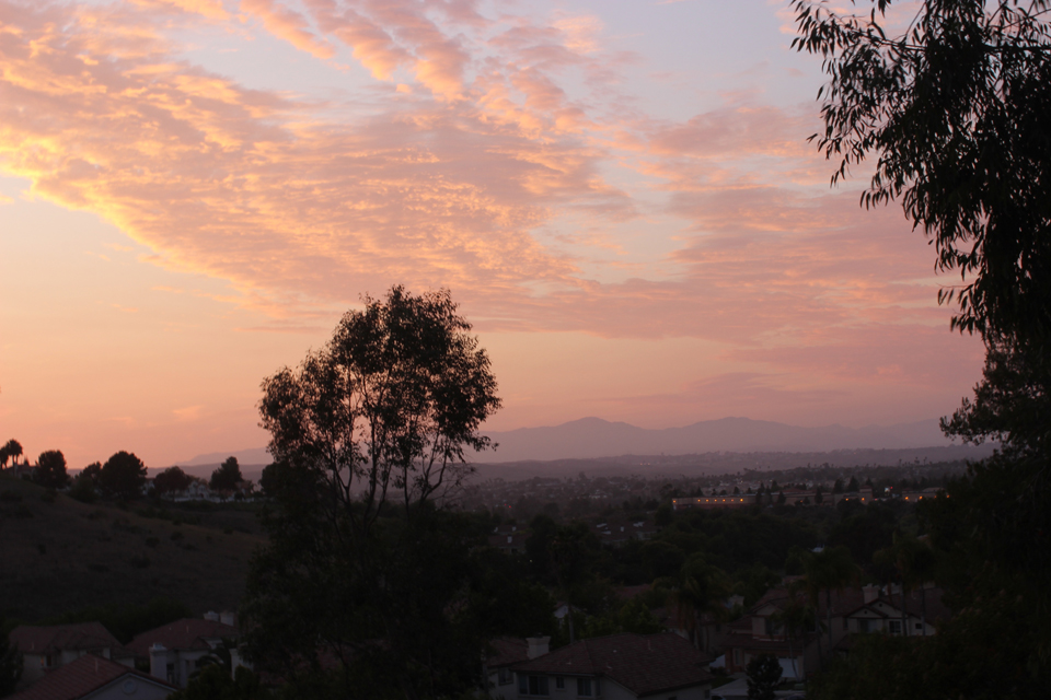 A view of a city at sunset