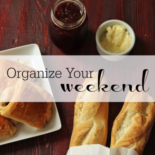A table set with pastries with text overlay: Organize Your Weekend.