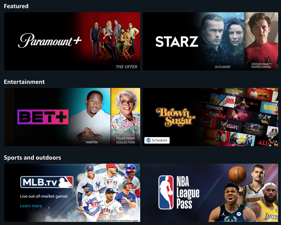 screen shot of amazon prime channels.