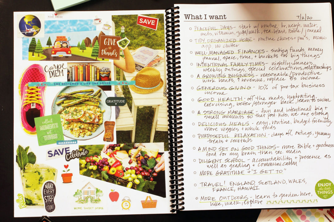 planner opened to What I Want page, with vision board collage on the facing side.