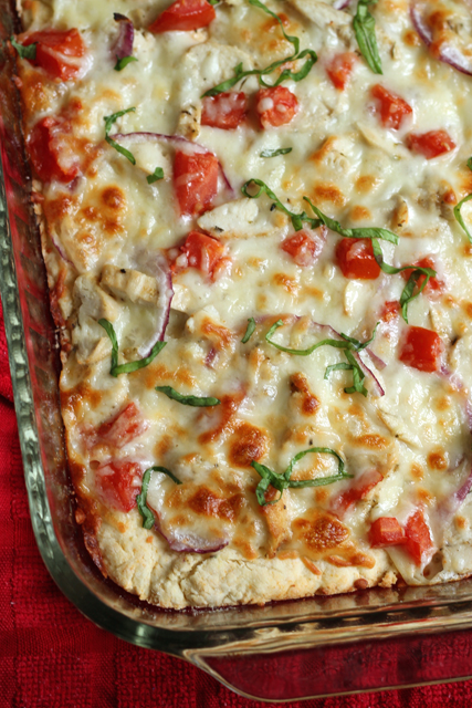 A chicken biscuit pizza in baking dish