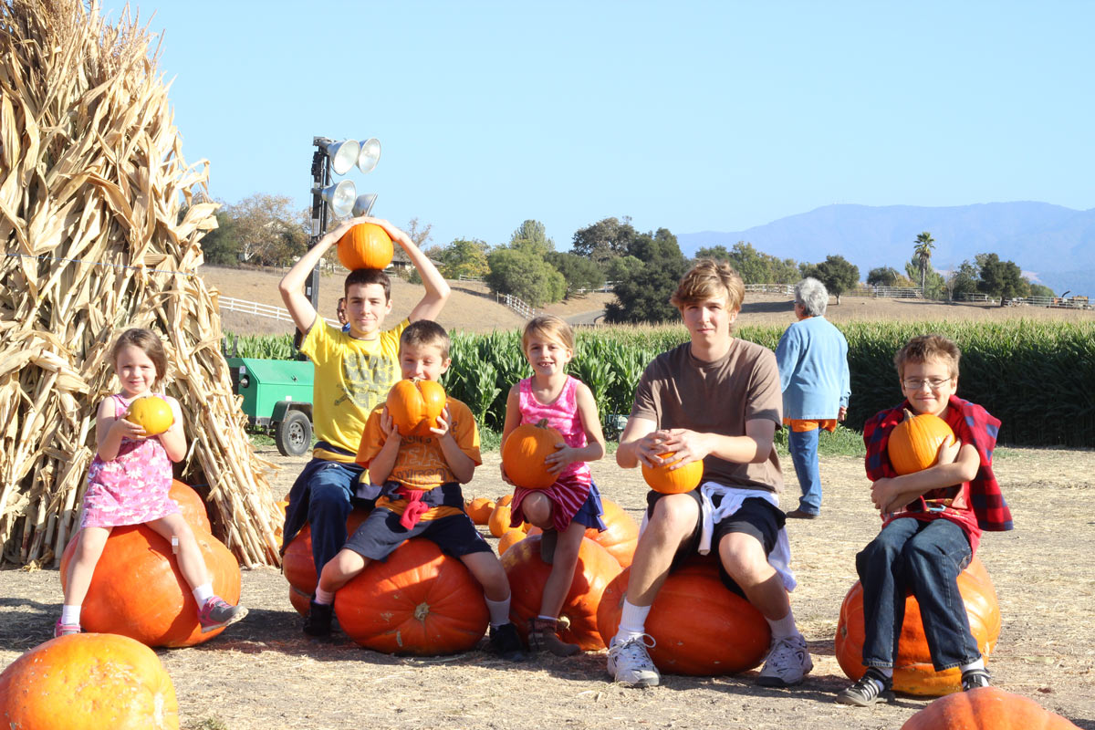 six kids sitting on pumpkins in patch, each holding a large pumpkin.