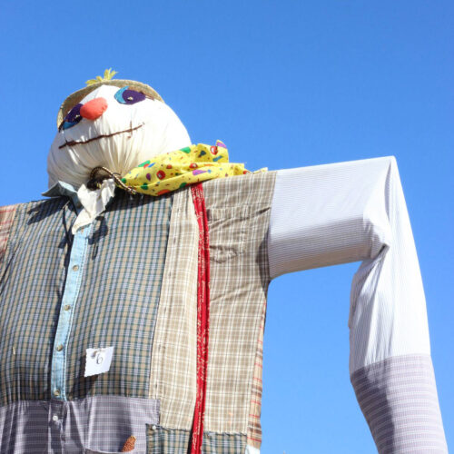 view looking up at scarecrow against bright blue sky.