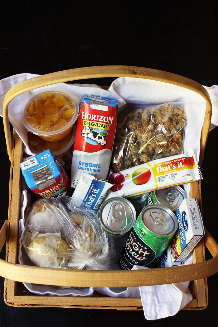 A tray of road trip snacks.