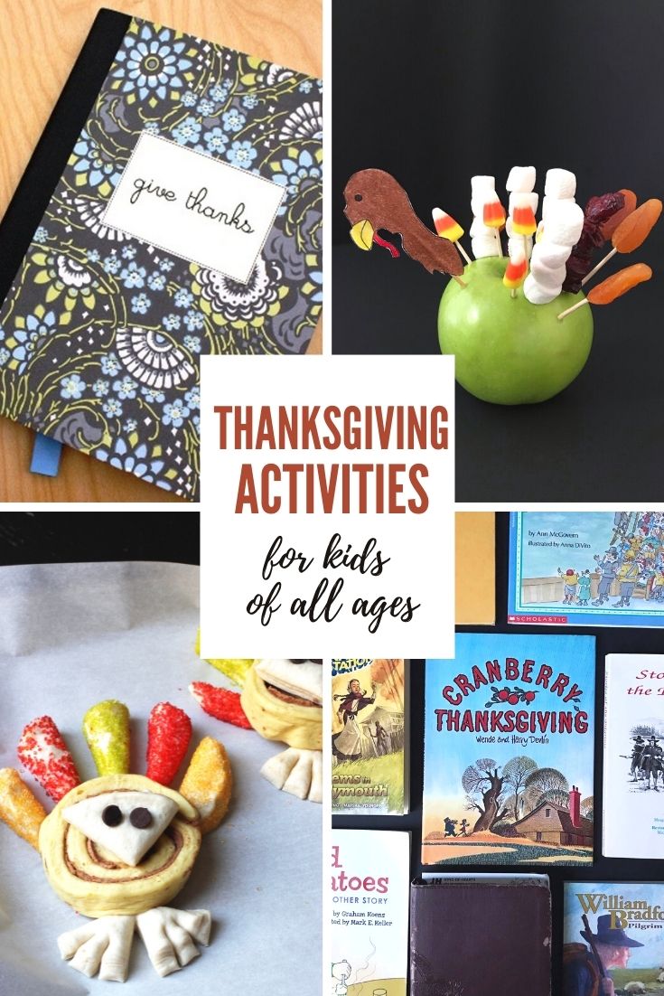 collage of thanksgiving activities with text overlay.