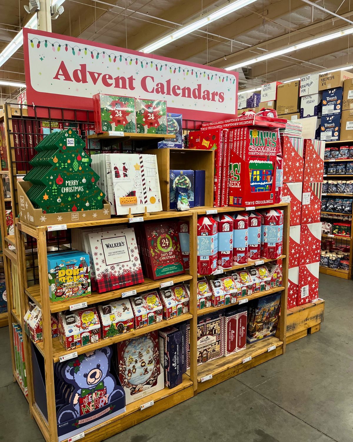 array of advent calendars on shelves at world market.