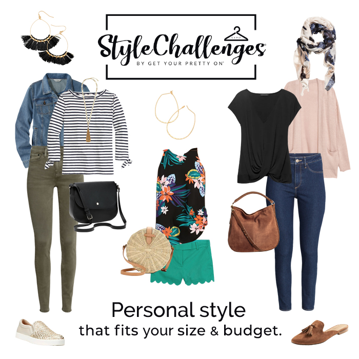Collage of three outfits in style challenge.