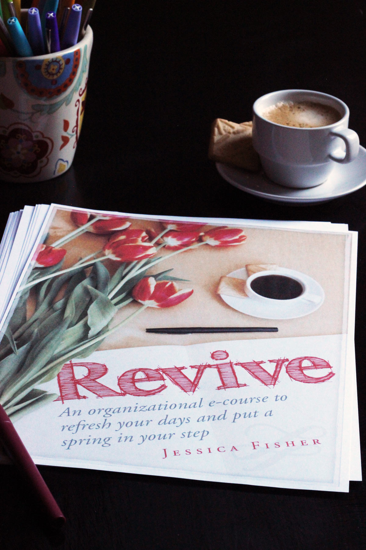 revive worksheets with pens and coffee