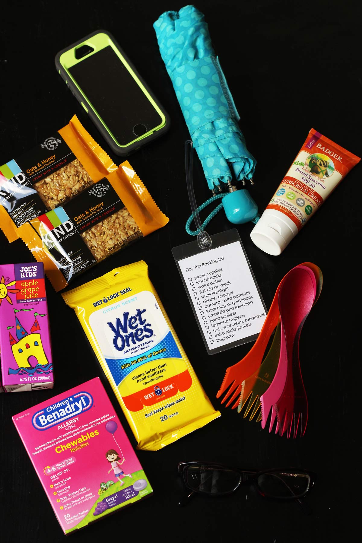 day trip items for family outing laid out on table.