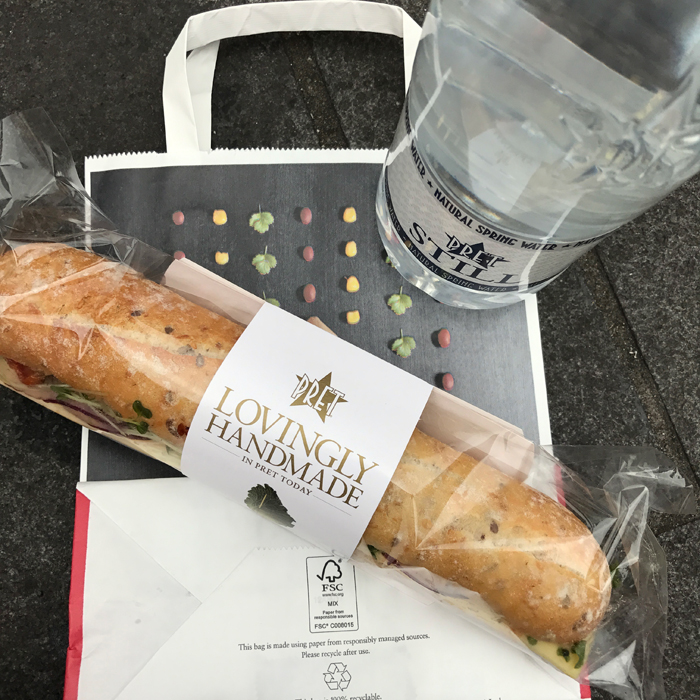 sandwich from pret a manger, with water