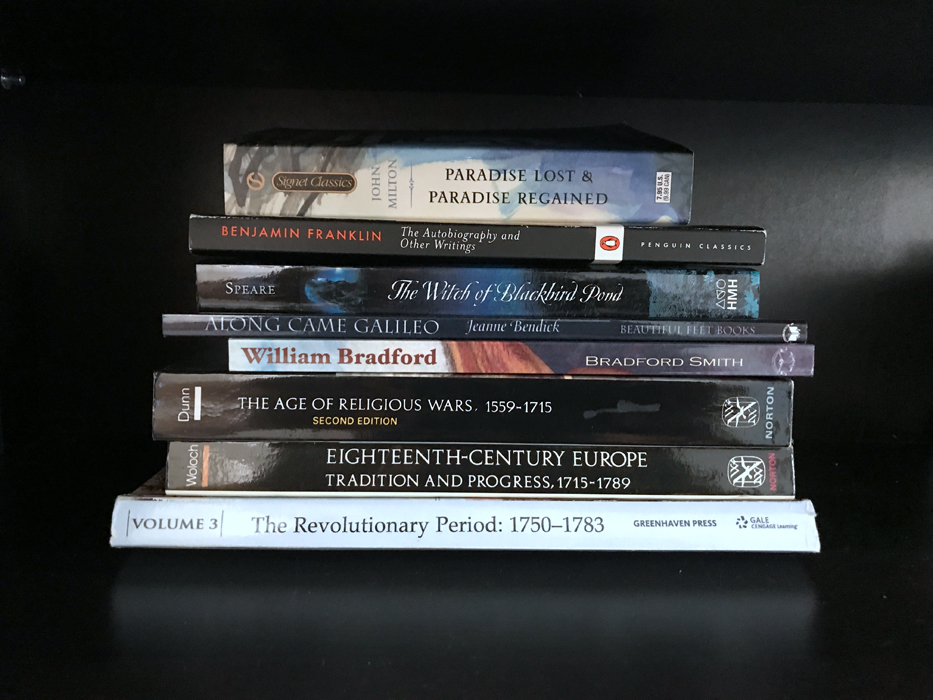 A stack of books on a black shelf.