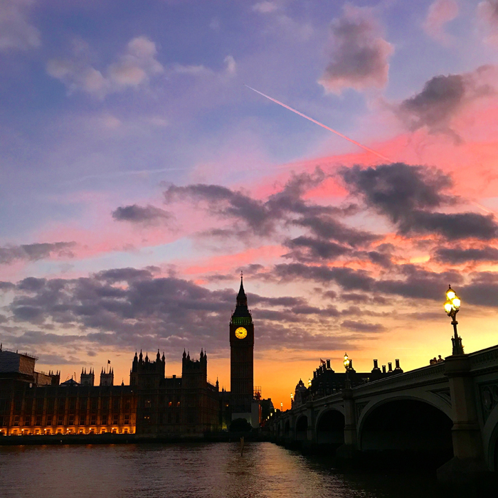 A bridge over the Thames with Big Ben in the background.