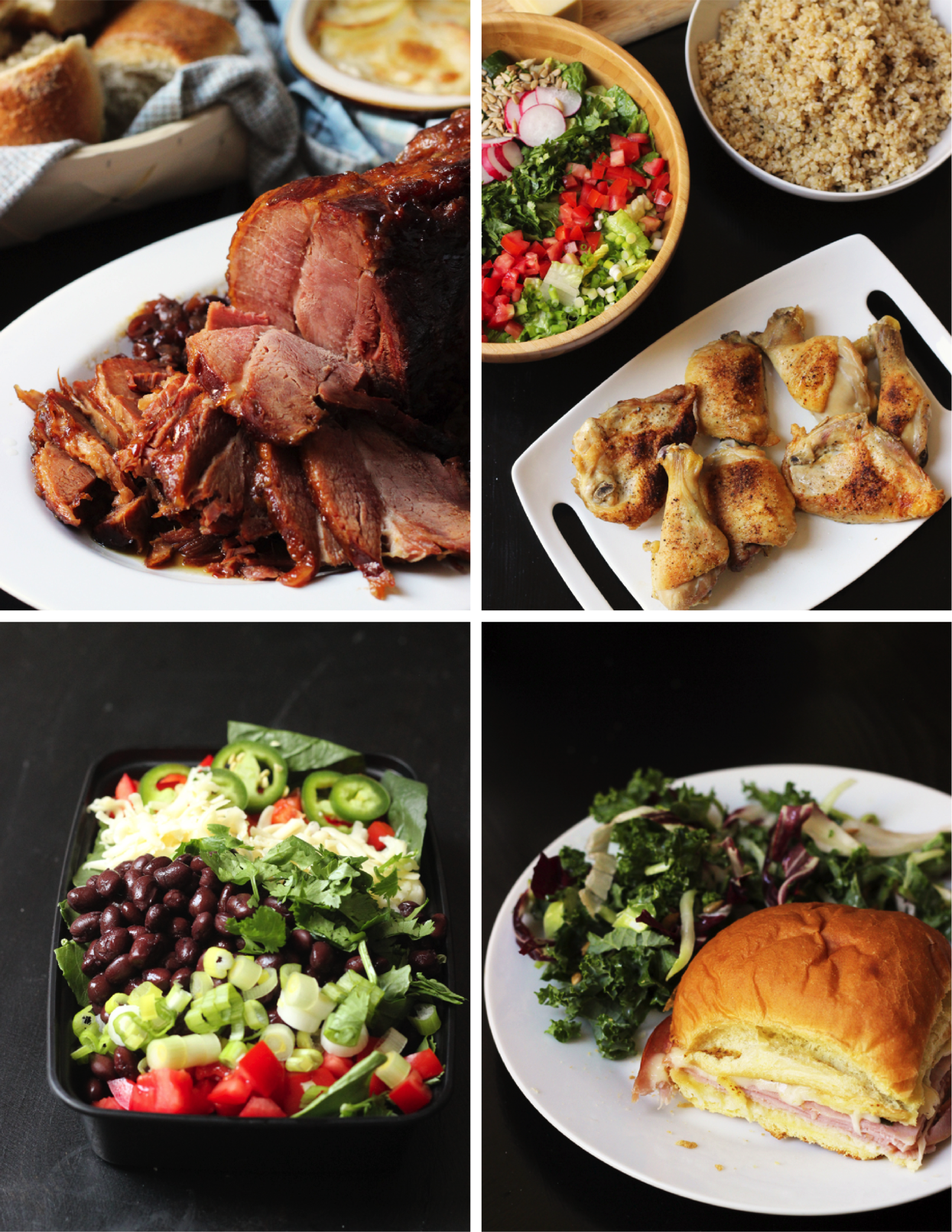 A collage of different plates of food.