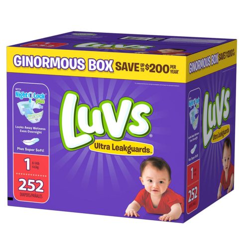 Purple box of Luvs diapers.