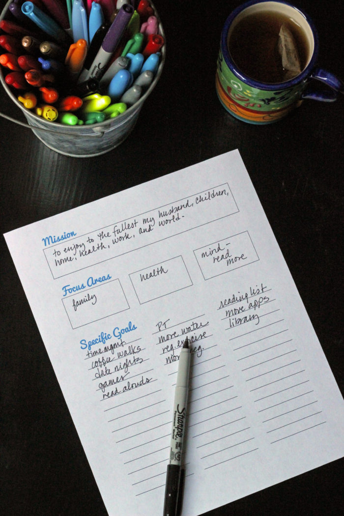 Flatlay of Mission statement worksheet next to mug of pens.