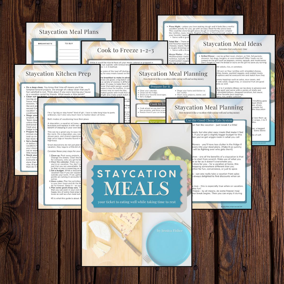 collage of what's included in staycation meals guide.