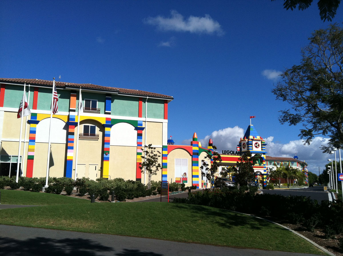 legoland resort hotel on a blue skied, sunny day.