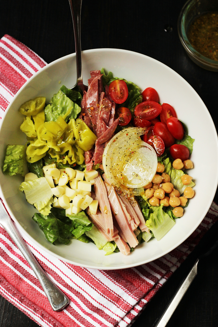 submarine salad in big white bowl