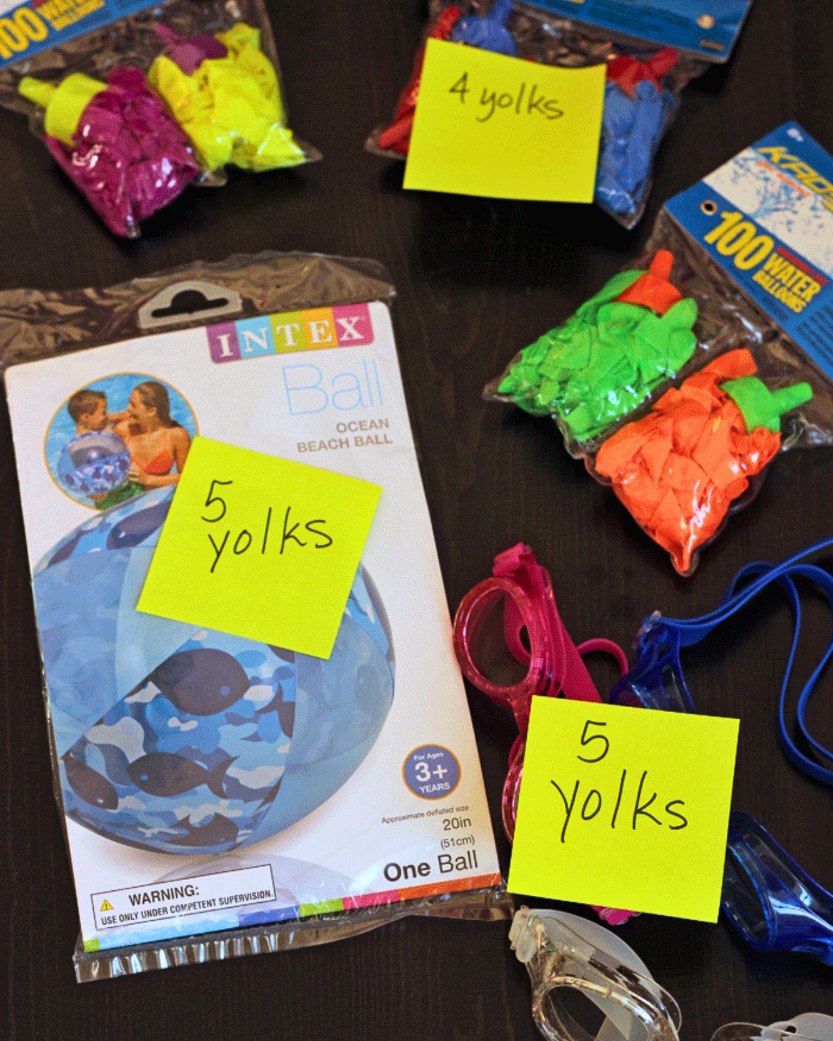 easter egg hunt prizes with post-it note pricetags.