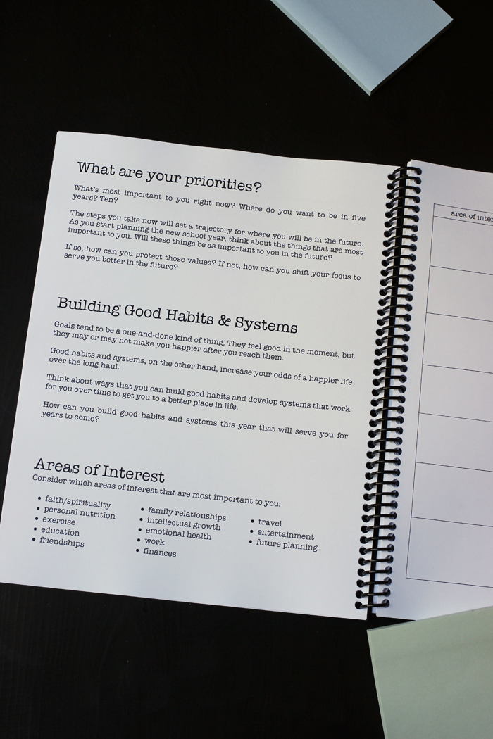 overhead shot of inside cover and instructions for student planner.