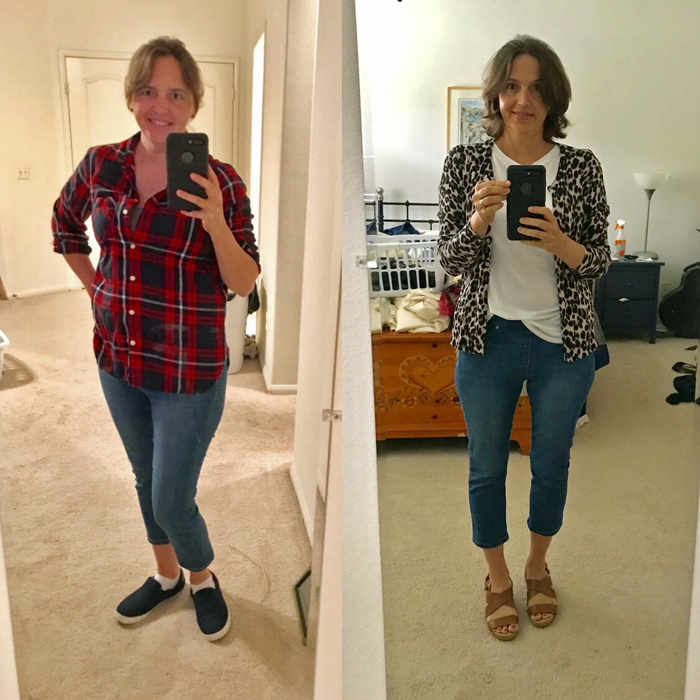 collage of before and after images of woman in front of mirror with phone.