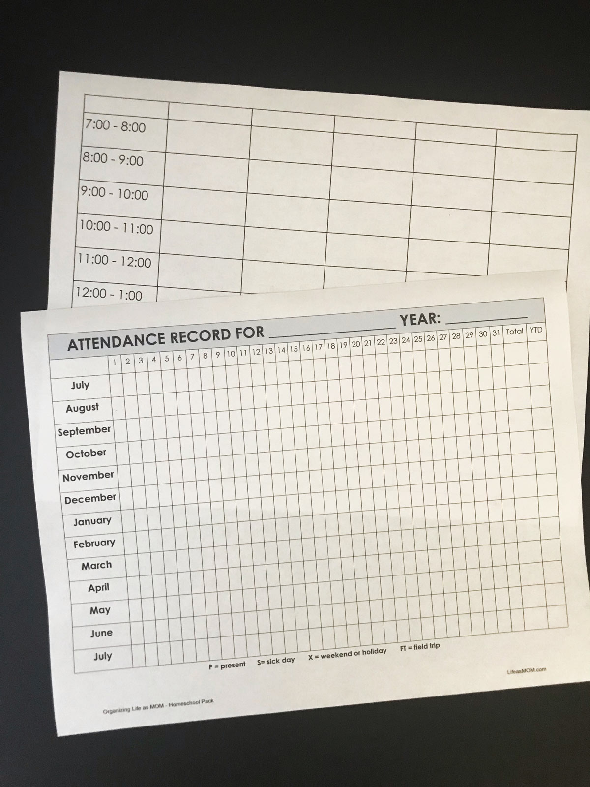 printed attendance calendar and schedule worksheet.