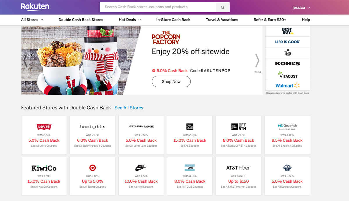 screen shot of rakuten home page showing different discounts and cash back offers