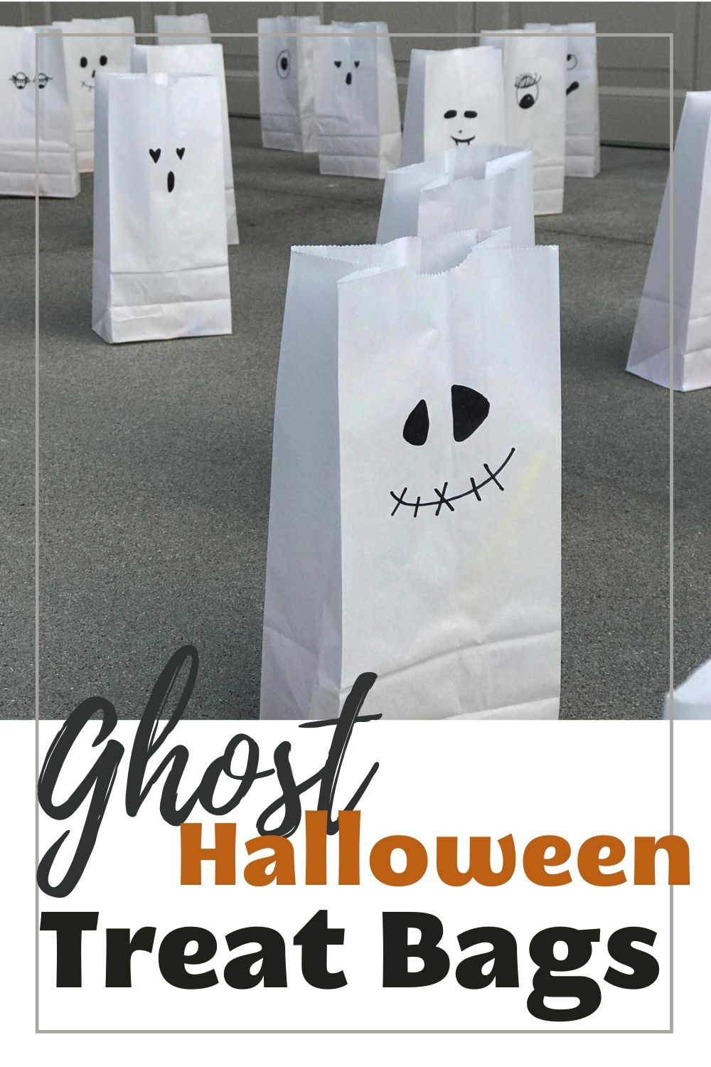 paper bag ghosts lined up on the driveway with text overlay.