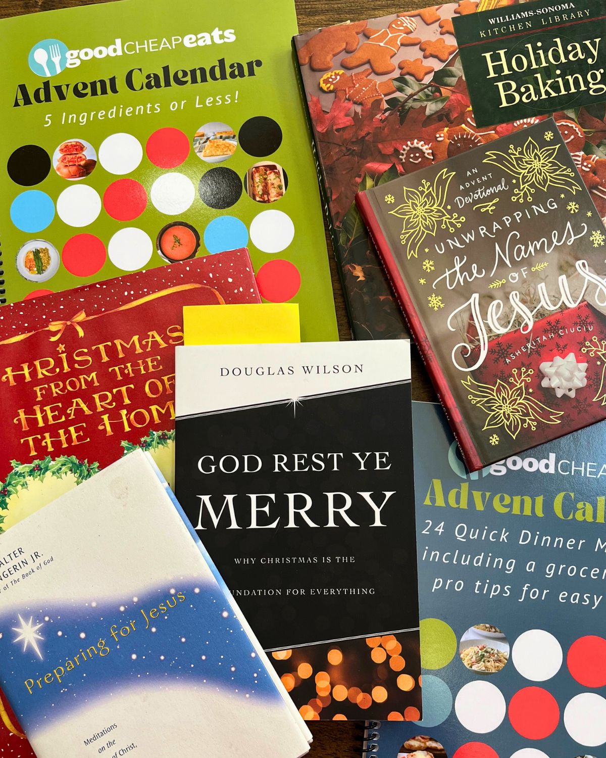 array of christmas books and cookbooks.