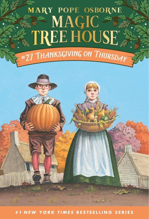 cover image of Thanksgiving on Thursday, featuring Jack holding a pumpkin and annie holding a basket.