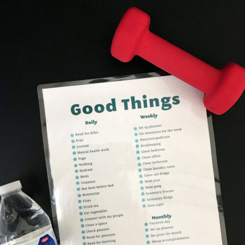 square image of self care checklist with a red 3-pound weight.