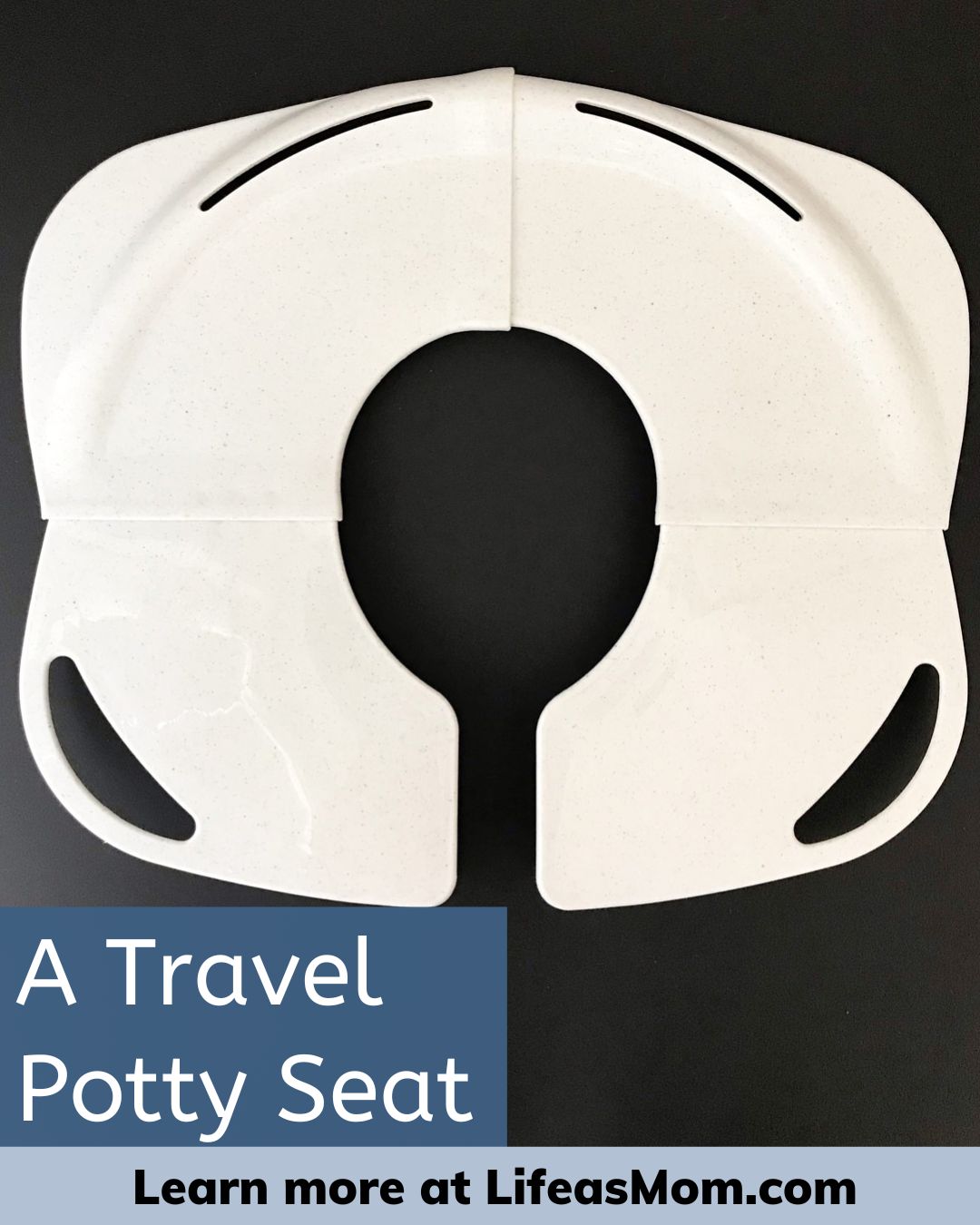 potty seat on black background with text overlay.