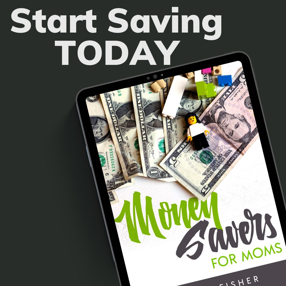 banner ad for Money Savers for Moms ebook on tablet with text overlay, start saving today.