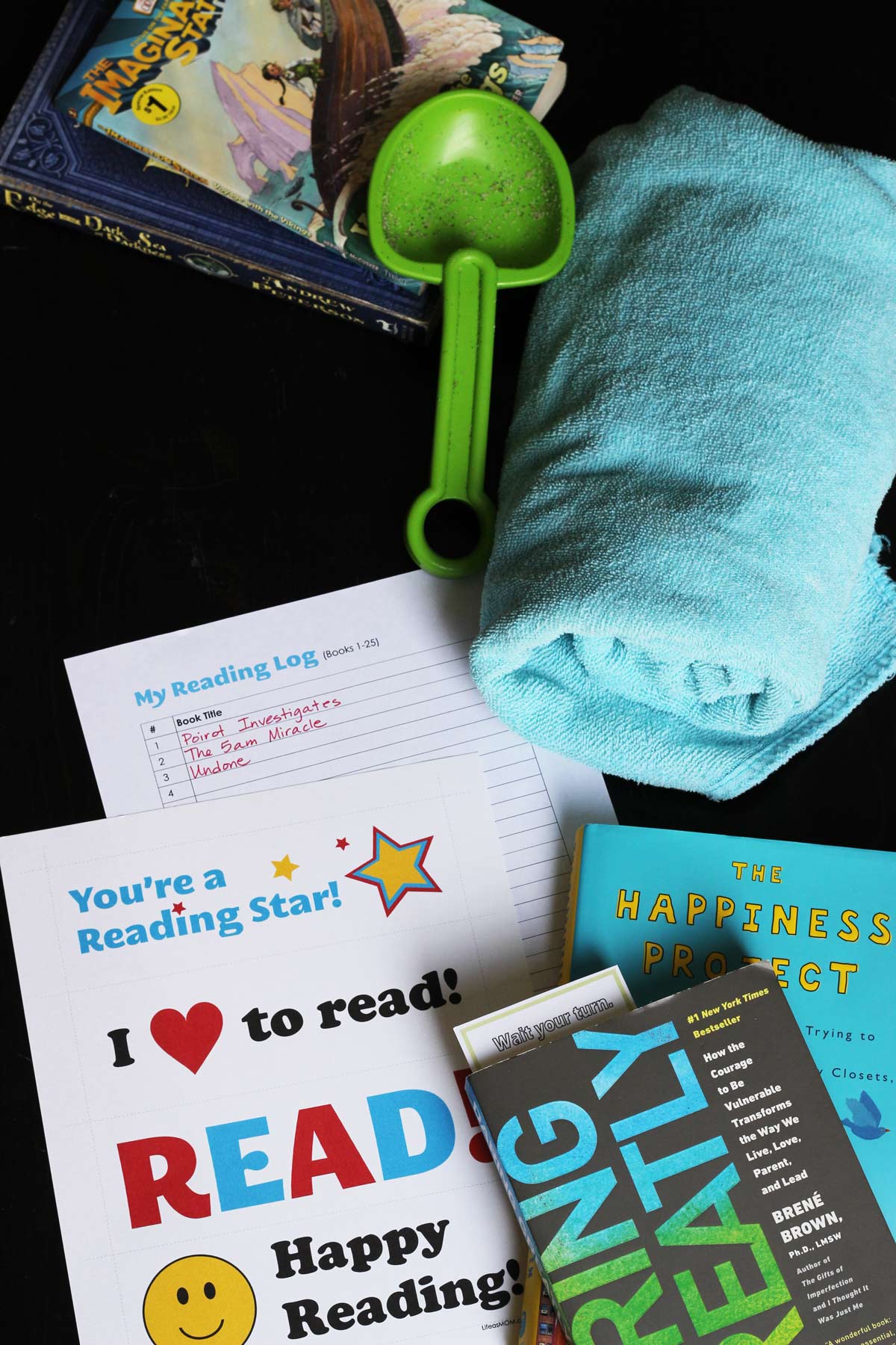 books, beach towel, towel, and reading log on black table.
