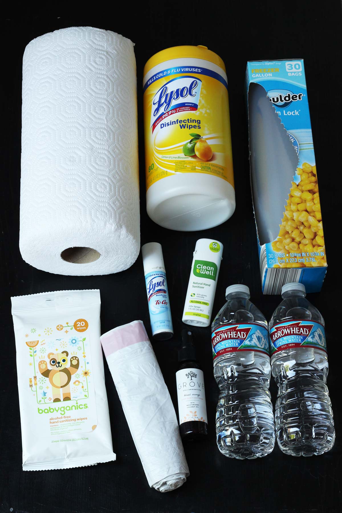 paper towels, ziplock bags for vomit bags, and other supplies for cleaning up sick.