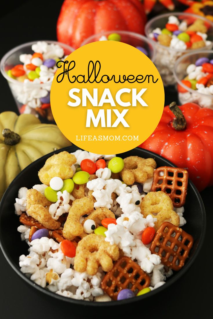 bowl of snack mix with festive background and text overlay.