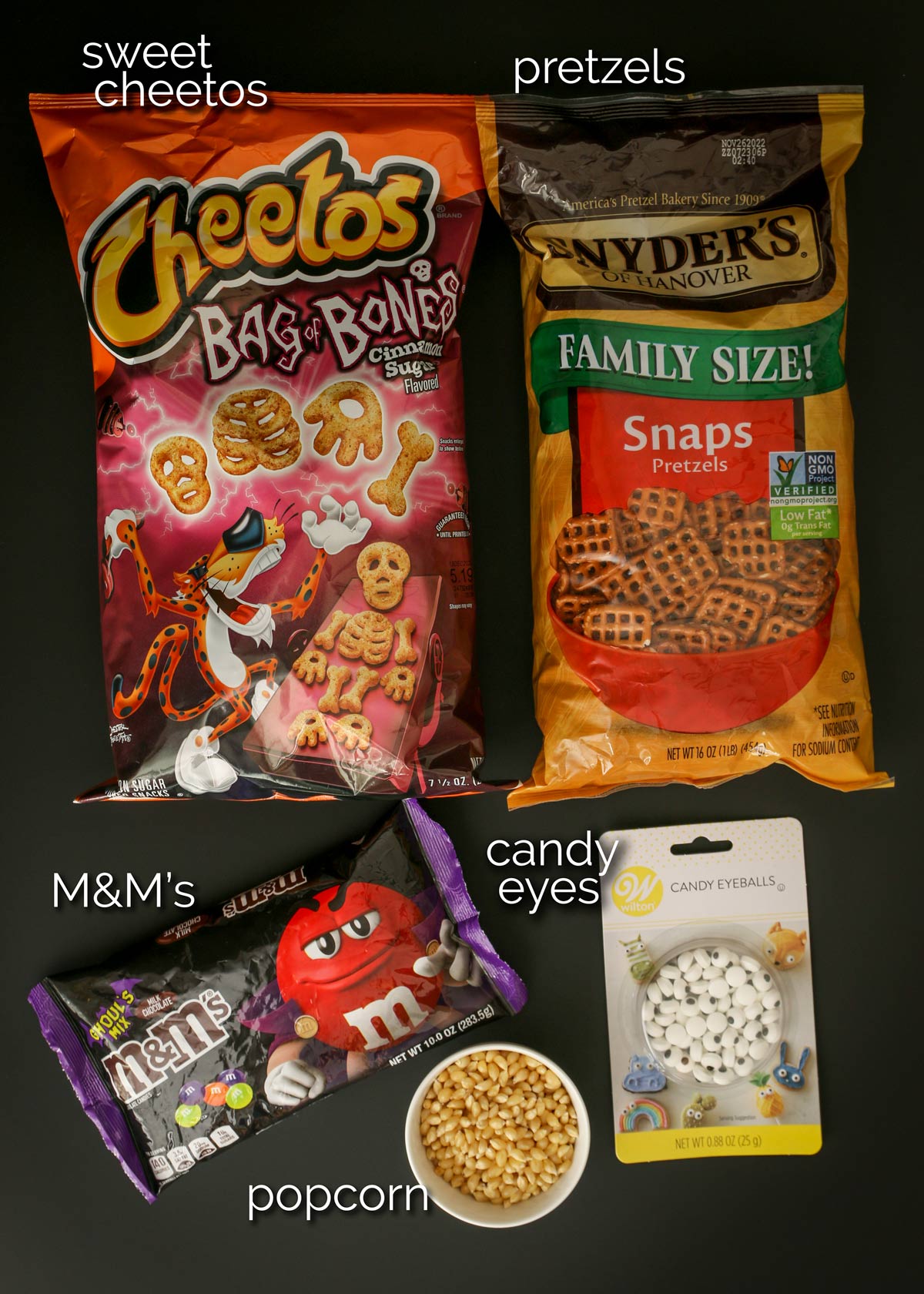 ingredients for halloween snack mix.