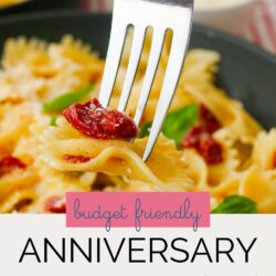 fork stabbing pasta, with text overlay.