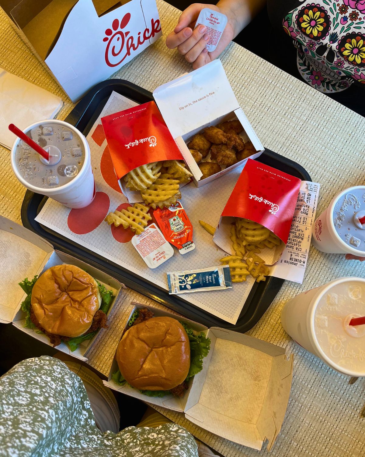 overhead shot of food order from chick-fil-a.