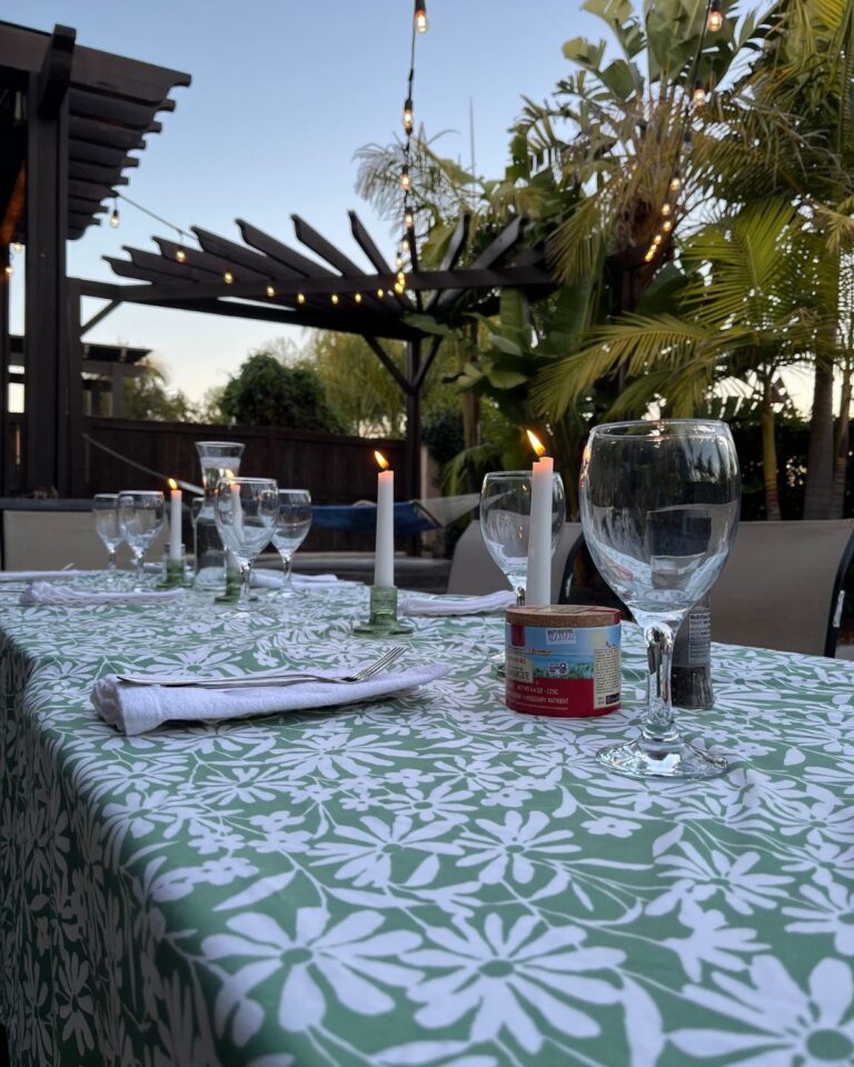 sunday dinner table set outside.