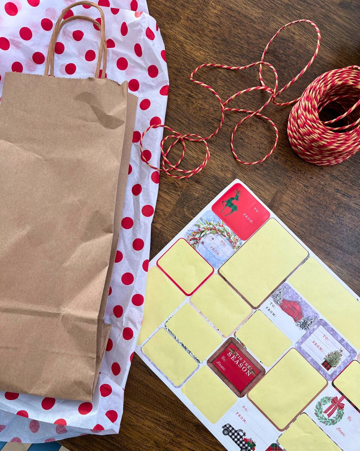 wrappings and ribbons on table.