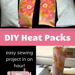 collage of sewing machine and sewn heat packs, with text overlay.